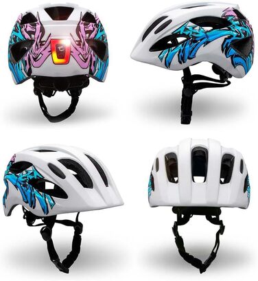 Шолом велосипедний дитячий Crazy Safety COOL S.W.A.T. 6-12 років, з USB ліхтарем, розмір M (54-58 см), біло-блакитний графіті