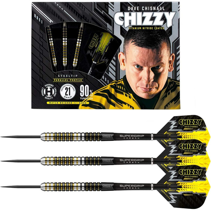 Професійні дротики Harrows Dave 'Chizzy' Chisnall 90% вольфрам, сталевий наконечник, 22 г, Supergrip Carbon, 100 мкм Chizzy Flights