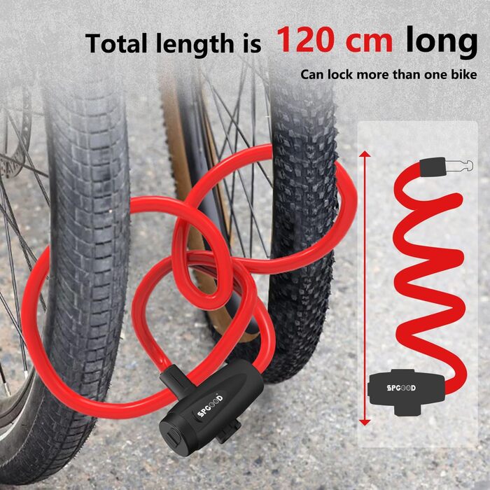 Замок для велосипеда 120см/12мм, високий рівень безпеки, кабельне spiralkabelschloss, 2 ключі, захист від крадіжки для велосипеда, триколісного велосипеда, мотоцикла, скутера (червоний)