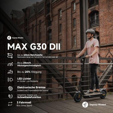 Електросамокат Segway-Ninebot MAX G30D II для дорослих, з дорожньою сертифікацією, 20 км/год, запас ходу 65 км, 2021, сірий