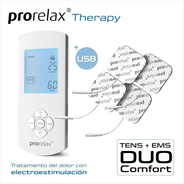 Prorelax TENS/EMS Duo Comfort: електростимулятор для зняття болю та м'язового масажу | 2 терапії в одному пристрої | Великий дисплей