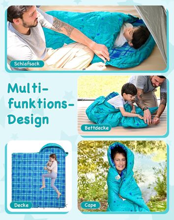 Сплячий мішок KingCamp для дітей, фланелевий, легкий, водонепроникний, компактний, зимовий, 4 сезони, для кемпінгу, підходить для дітей до 140 см, комфортна температура: 7°C, регульована довжина