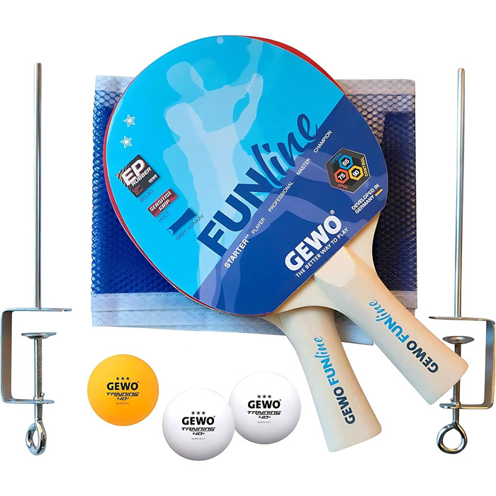 Набір для настільного тенісу GEWO Fun: одиночні або повні комплекти з 1-4 ракетками, м'ячами, сумкою та сіткою. Підходить для початківців, хобі та відпочинку. Покриття Noppen-Innen, ергономічна ручка. Комплектація: 4 ракетки + 10 м'ячів + сумка (2 ракетки