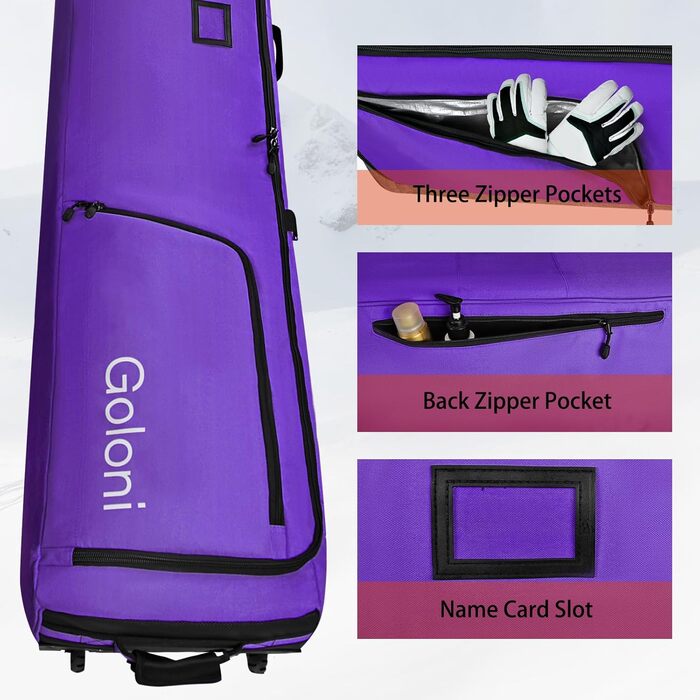 Чохол для сноуборду Goloni з роликами, для подорожей літаком, 600D водонепроникний, розкладний, для 2 пар лиж 190 см, фіолетовий