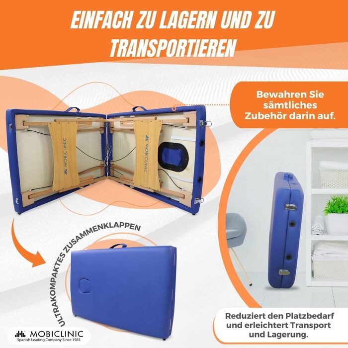 Складний масажний стіл Mobiclinic CM-01 Light 186x60 см, дерев'яний, синій, з підголівником, європейський бренд, портативний стіл для масажу та фізіотерапії