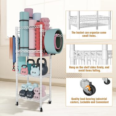 Органайзер для домашнього спортзалу FUTASSI S1, 3 яруси, на колесах, для килимків для йоги, ролерів, гантелей, гир та еластичних стрічок, 120 x 70 x 30 см, білий