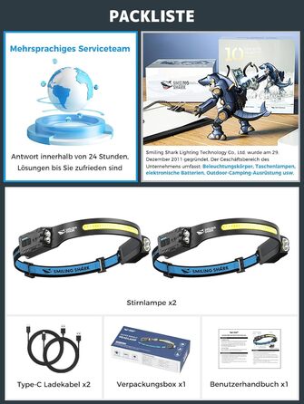 Налобний ліхтар Smiling Shark, 2400mAh, LED, 35° поворот, 2 світлодіоди, сенсор руху, мульти-режим, для кемпінгу та піших прогулянок