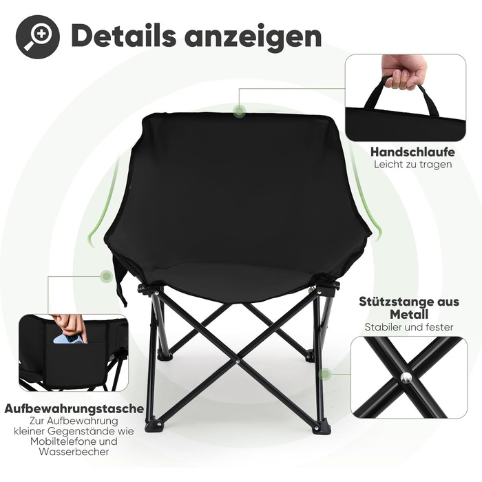 Крісло для кемпінгу складне з сумкою та неслизькими ніжками - туристичне, для риболовлі, пляжу, саду, балкону (чорне)
