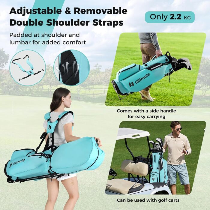 COSTWAY Гольф сумка на візку, сумка для гольфу з 8 відділеннями та водонепроникним чохлом, легка гольф сумка з 5 кишенями та підставкою, футляр для олівців портативна для чоловіків, жінок (Турквіс)
