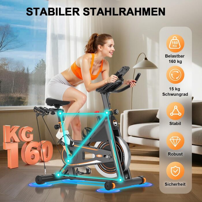 Велотренажер DMASUN: Тихий ергометр для дому з регулюванням опору, дисплеєм та підставкою для планшета. Ідеальний для кардіотренувань в приміщенні. Максимальне навантаження: 160 кг, колір - помаранчевий.