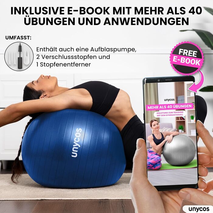 Фітбол Unycos 55/65/75 см для фітнесу, йоги, балансу та корекції. З насосом, BPA-Free, антивибуховий. #10 Зелений (55 см, #07 Темно-синій)