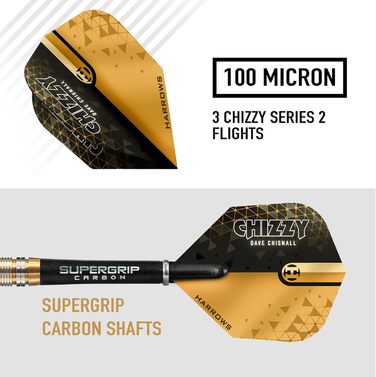 Дротики Harrows Dave Chizzy Chisnall 90% вольфраму, сталевий наконечник, професійний сет, 23г, Supergrip-держачі, 100 мікрон Chizzy-пір'я