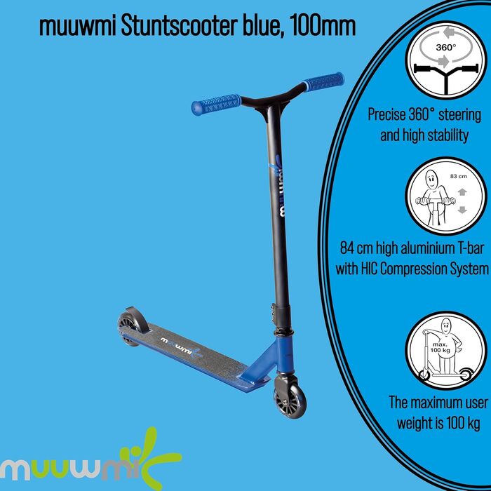 Трюковий самокат muuwmi Freestyle, 100 мм, ABEC 7, підсилене кермо, 360° обертання, 82,5 см, чорний-синій