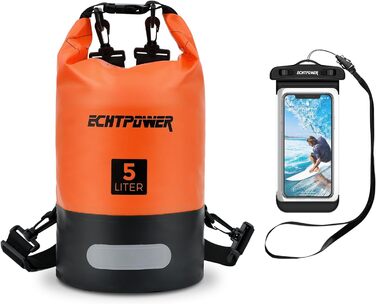 Водонепроникний мішок ECHTPower Dry Bag 5L/10L/20L для плавання, каякінгу, SUP з регульованим ремінцем та світловідбиваючими смугами (зелений, помаранчевий)