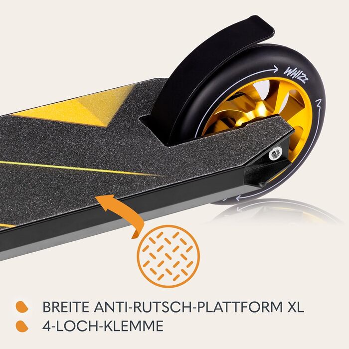 Скутер LIONELO WHIZZ Stunt - трюковий, підшипники ABEC-9, алюмінієва дека, система HIC, колеса 110мм, широке кермо, гальма Flex Fender MN Steel, чорний, унікальний дизайн