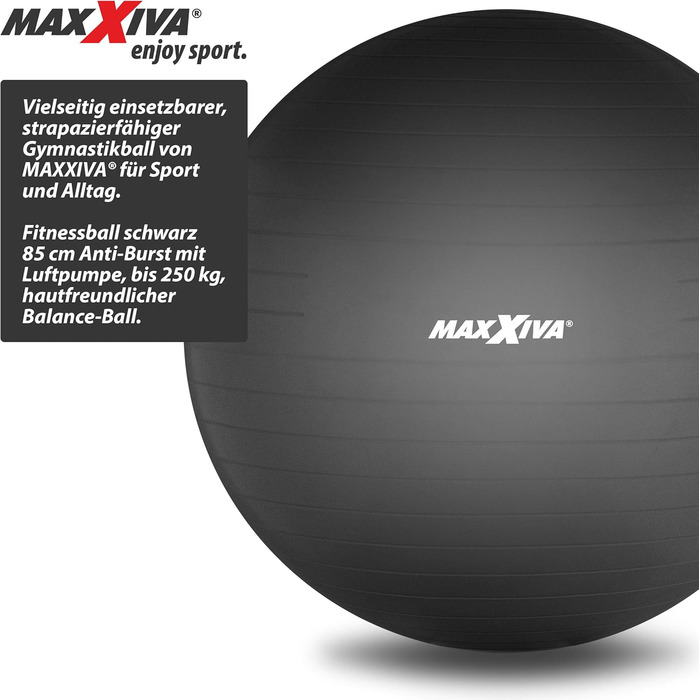 Фітнес-м'яч MAXXIVA 85 см, анти-вибуховий, з насосом, до 250 кг, гіпоалергенний, для реабілітації, йоги, пілатесу, чорний