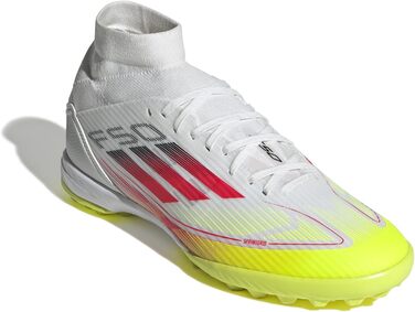 Жіночі футбольні бутси adidas F50 League Mid для гри на траві, розмір 38 2/3 EU, кольори: Cloud White, Lucid Red, Solar Yellow