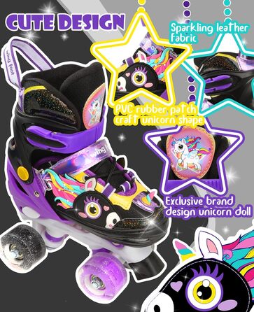 Дитячі ролики Єдиноріг для дівчаток та хлопчиків, регульовані розміри, світлові колеса, ролики-квади для початківців, чорні