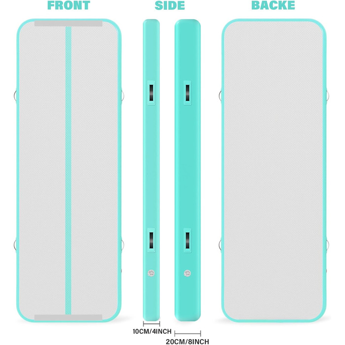 Надувний гімнастичний мат для дому, 300x100x10 см (м'ятно-зелений)