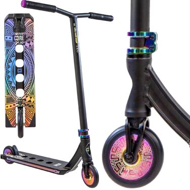 Трюковий самокат CORE Stunt-Scooter Trick 110мм, ABEC 9, для дітей та дорослих (від 5 років), регульована висота 78-96см + наклейка Fantic26 (Чорний/Райдуга)