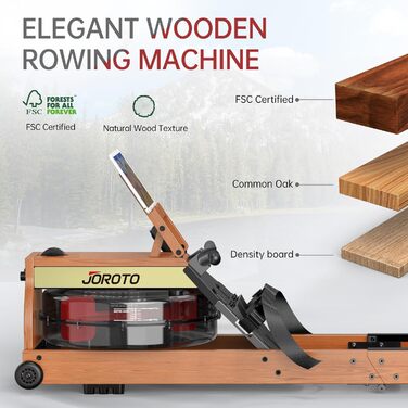 Гребний тренажер JOROTO MR280PROB для дому з дуба, з Bluetooth, складний, з дисплеєм та підтримкою Kinomap, регульований тримач для планшета, до 150 кг