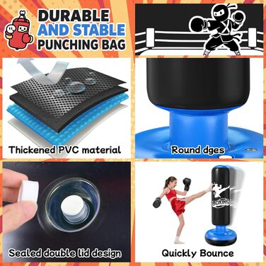 Дитячий боксерський мішок Ninonly з рукавичками, 160 см, посилений PVC, для карате, таеквондо, чорний та синій