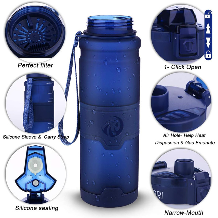 Спортивна пляшка ZORRI 500 мл, 1 л, 700 мл, 400 мл, BPA-Free, для води та газованих напоїв, без витоку, екологічна, для дітей, школи, спортзалу, фітнесу, велосипеду (темно-синій)