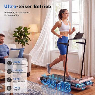 Бігова доріжка DeerRun Walking Pad з нахилом 6% для дому та офісу, компактне підстільне Laufband з LED-дисплеєм, пультам та підтримкою додатка, до 136 кг, світло-рожева
