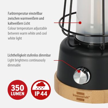 Брененштуль LED акумуляторний кемпінговий ліхтар CAL 1 (350 лм, IP44, до 75 годин роботи, регулювання яскравості, регулювання колірної температури, перезарядна USB лампа з мотузкою з льону та бамбуковою підставкою) USB A