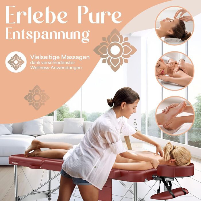 Масажне ліжко KESSER® з 3 зонами, до 250 кг, складане, регульоване, з аксесуарами (підголовник, підлокітники, сумка), для косметичних процедур та терапії, антиковзаюча поверхня, 61 см, Бордовий