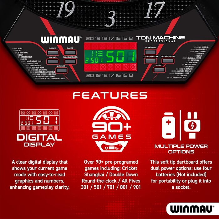 Електронна дартс-мішень Winmau Ton Machine, софт-тип, комплект з 90+ іграми, цифровим дисплеєм для 8 гравців, 2 дротики, лінія кидка, 10 пластикових наконечників