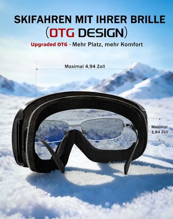 Окуляри для сноуборду та гірських лиж Innerking OTG, Anti-fog & UV400, з подвійним склом для корекції зору, чоловічі/жіночі/підліткові, чорний/срібний (VLT 11%)