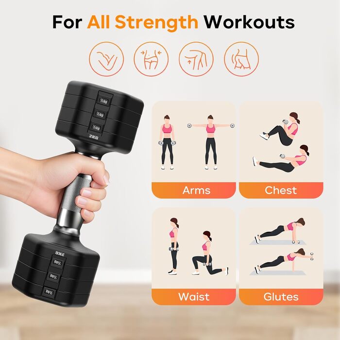 Набір гантелей JOROTO 4-в-1, регульовані гантелі, 2 шт., 2–5 кг, хромоване покриття, неслизький грип, для чоловіків та жінок, силові тренування, фітнес, домашні тренування (чорний)