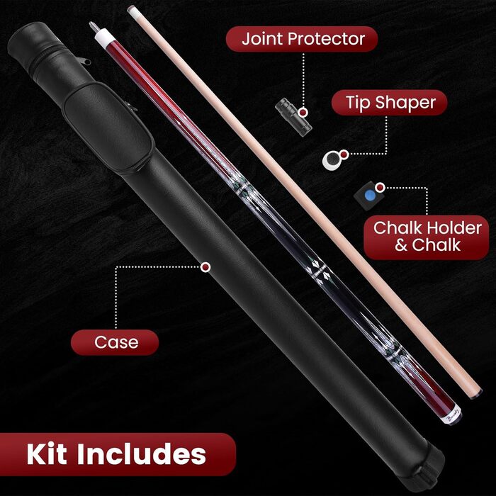 Набір для більярду Bonvalry Pool-Queue-Kit: якісний більярдний кий з пробірного клена, кейс та аксесуари. Вага: 595 г