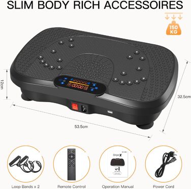 Платформа для вібраційного тренування Dripex, 3D, 99 рівнів, 5 програм, Bluetooth, стрічки, чорна