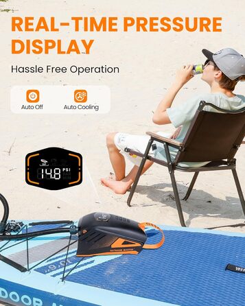 OutdoorMaster Shark 3: Електричний насос для SUP з акумулятором - Швидке надування, 20PSI, 74Wh. Підходить для SUP, човнів та надувних виробів. 8 насадок, 12V/15.8V DC та Type-C живлення.