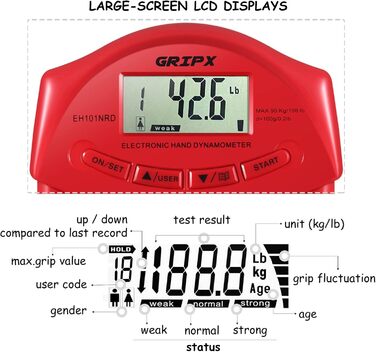Цифровий динамометр GRIPX для вимірювання сили хвата. Електронний, автоматичне вимірювання, 90 кг / 198 lbs (червоний)