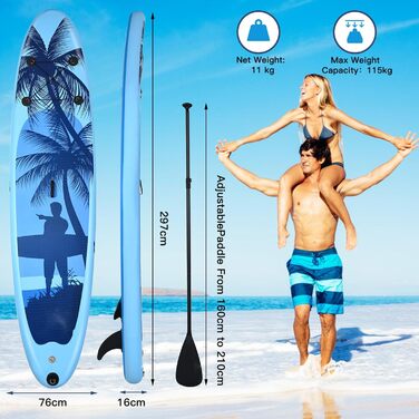 Надувна SUP-дошка HOMASIS 297x76x16 см з веслом, помпою, плавцем, рюкзаком і ремкомплектом, для підлітків і дорослих, синя