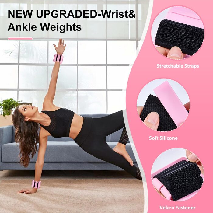 Набір вагів для зап'ястя та щиколоток (2 шт., 0.45 кг кожна) для йоги, пілатесу, фітнесу, рожевий