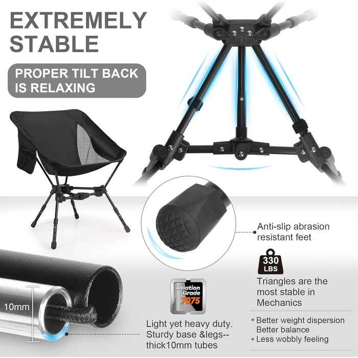 Складний туристичний стілець TOPCHANCES для кемпінгу та відпочинку на природі, чорний. Максимальне навантаження: 150 кг, з бічною кишенею та дихаючою сіткою.