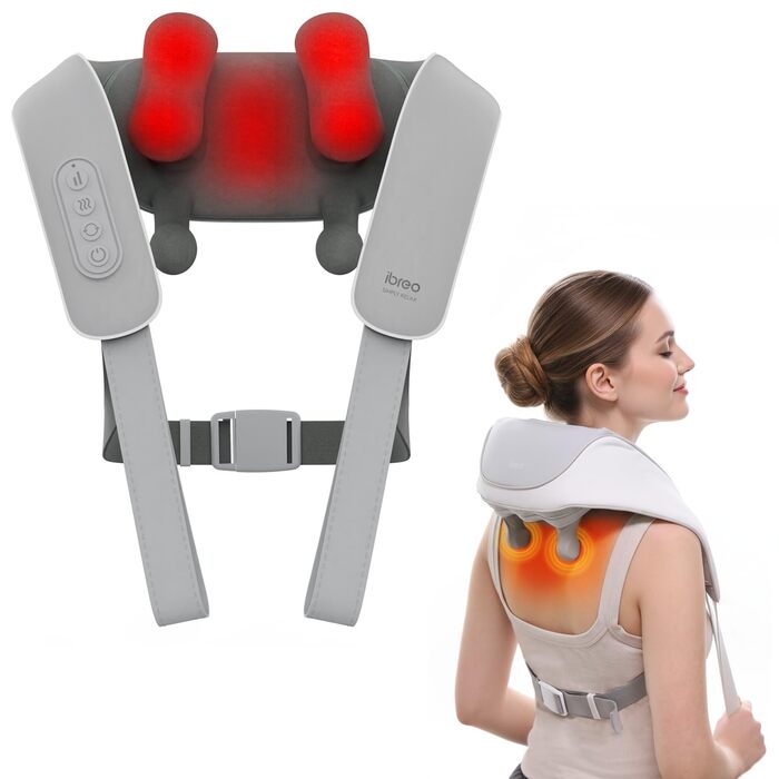 Масажер для шиї та спини Shiatsu з підігрівом, 3 режими, 2 інтенсивності, 3D-розминання, голосове управління (Сірий)