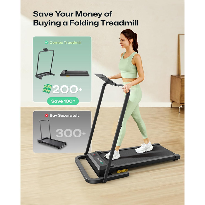 UREVO Smart Walking Pad: компактний біговий килимок під стіл з двома амортизаторами, додаток для фітнесу з аналітикою та режимом MIIT, керування пультом або додатком для дому/офісу (чорний)