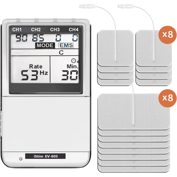 iStim EV-805 TENS EMS: 4-канальний апарат для електростимуляції та масажу - зняття болю в спині, шиї, плечах, ногах. Комплект з 16 електродів та батарейками AA