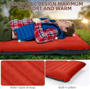 Надувний килимок для кемпінгу з інтегрованим насосом та подушкою, 12.7 см, компактний, для подорожей, туризму та відпочинку на природі (Оранжево-Чорний)