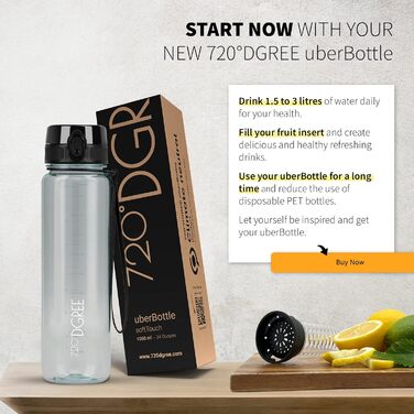 Пляшка для води 720°DGREE uberBottle 1,5 л з контейнером для фруктів, BPA-free, тританова, не протікає, для спорту, фітнесу, туризму, прозора, синя