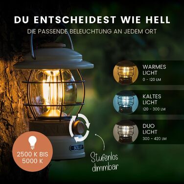 Solis 3 LED кемпінгова лампа з Powerbank, 8000mAh, IP44, регульоване світло, для піших прогулянок (кремовий, ефект дерева)