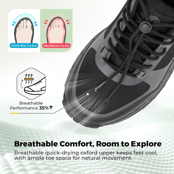 Черевики для піших прогулянок FitVille для чоловіків, широкі, трекінгові, туристичні, чорні. Зі зносостійкою підошвою, дихаючі, легкі, кросівки 45 EU, X-широкі