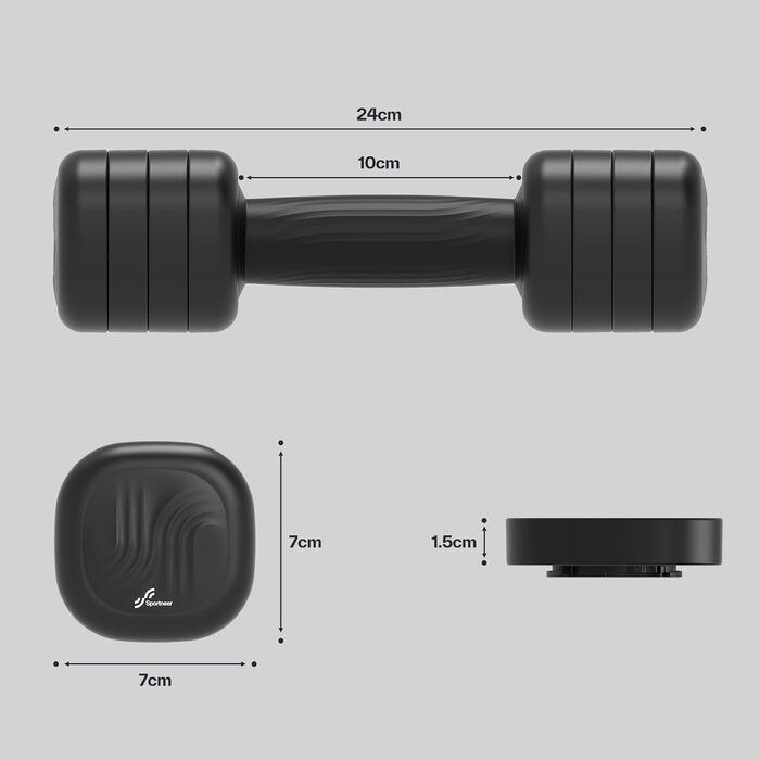 Sportneer Регульовані гантелі для жінок – комплект з 2 гантелей (по 1–2,5 кг) з неслизьким TPU-покриттям, 4-в-1 комплект гантелей для фітнесу вдома, для домашнього спортзалу та силових тренувань, колір: Димчасто-чорний