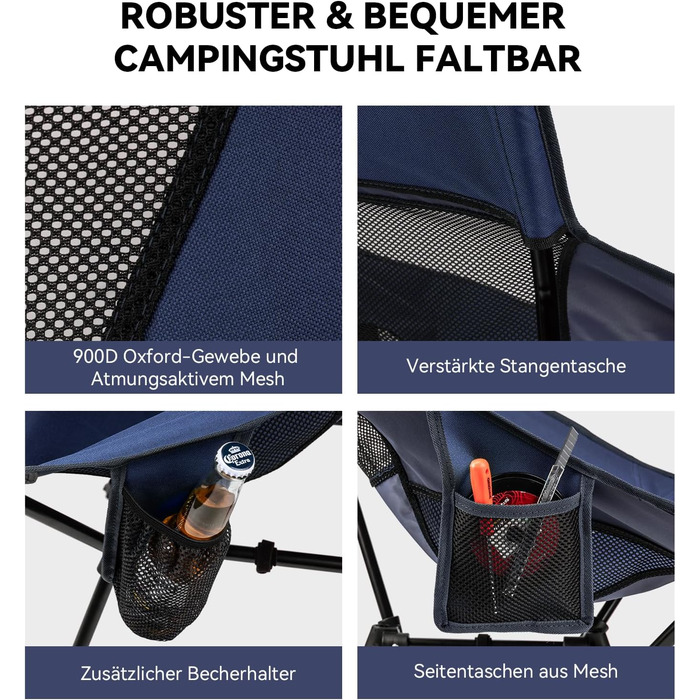 Складний туристичний стілець Hochlehner з підголівником, 150 кг, ультралегкий, портативний, для кемпінгу, риболовлі, пляжу, відпочинку на природі та піших прогулянок (Indigoblau)