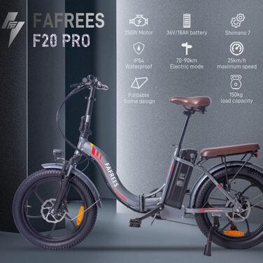 Електровелосипед Fafrees F20 PRO 20'' 250Вт 36В 18А·год, складаний фетбайк з Shimano 7S, для міста та бездоріжжя, для чоловіків і жінок, швидкість 25 км/год